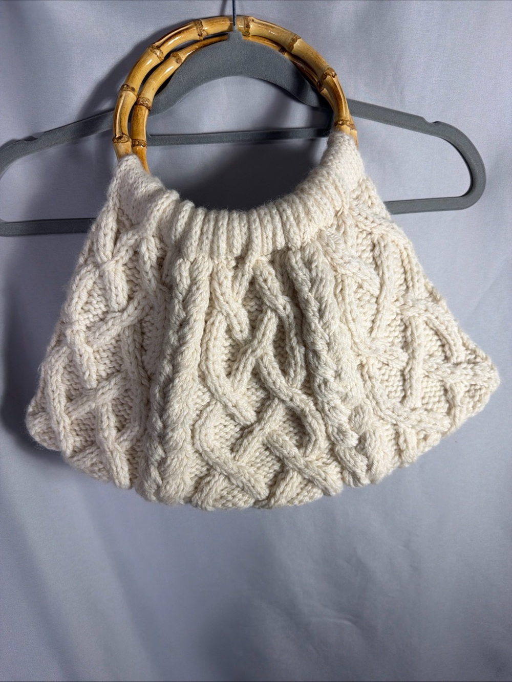 Vintage Crochet Off White Top Cable Sweater Handle Bag Japanese Bamboo Handle